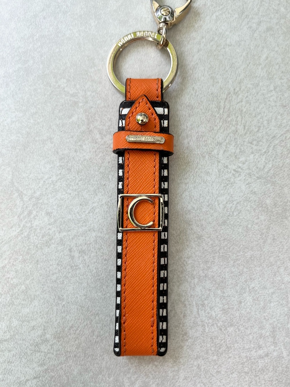 henri bendel Orange Leather Key Fob with Black & White Trim Accented w/ Letter C